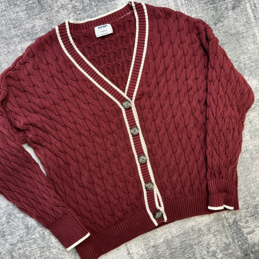 Old Navy Sweater Womens Large Maroon Cable Knit Cardigan Tennis Preppy Ivy Derby - Picture 2 of 8
